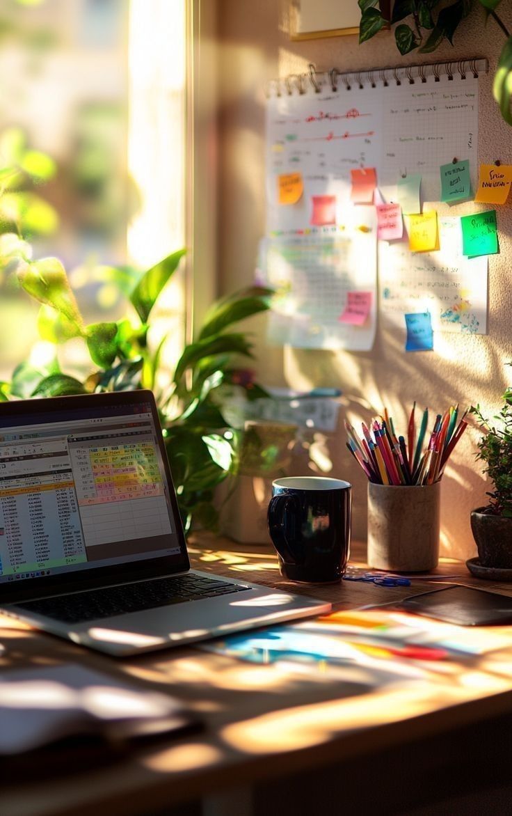 Mesa iluminada pelo sol com laptop, xícara e post-its coloridos na parede